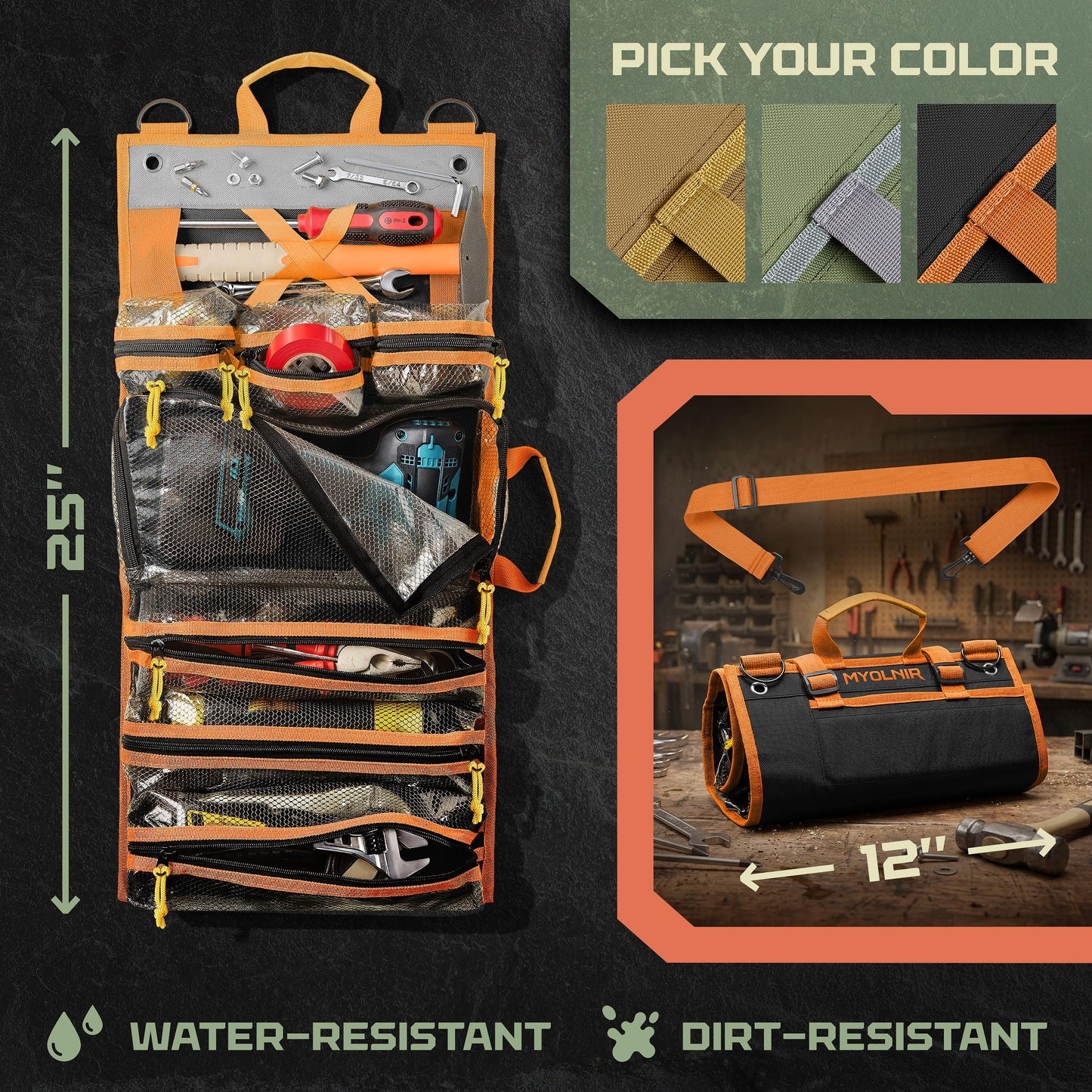 Myolnir Roll Up Tool Bag Organizer With Kickstand - Full-Size 25" Heavy Duty Tool Roll Bag - Portable Rollup Toolbag With Magnetic Panels & Transparent Pockets - Mechanic & Electrician