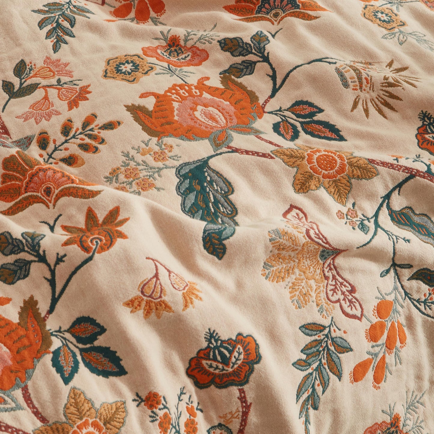 Boho Throw Blanket for Bed 60”x80”, 100% Cotton Woven Blanket for Couch Sofa, Ultra Soft 4-Layer Muslin Quilt with Floral Printed, Farmhouse Bed Blanket/Cover for Living Room Decor