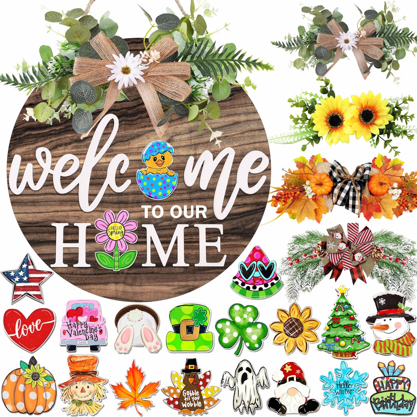 Interchangeable Welcome Sign for Front Door with 4 Seasonal Wreaths 21 Changeable Icons, Farmhouse Rustic Outdoor Welcome Signs Porch, Spring Winter Fall Decorations for Home House Warming Gifts