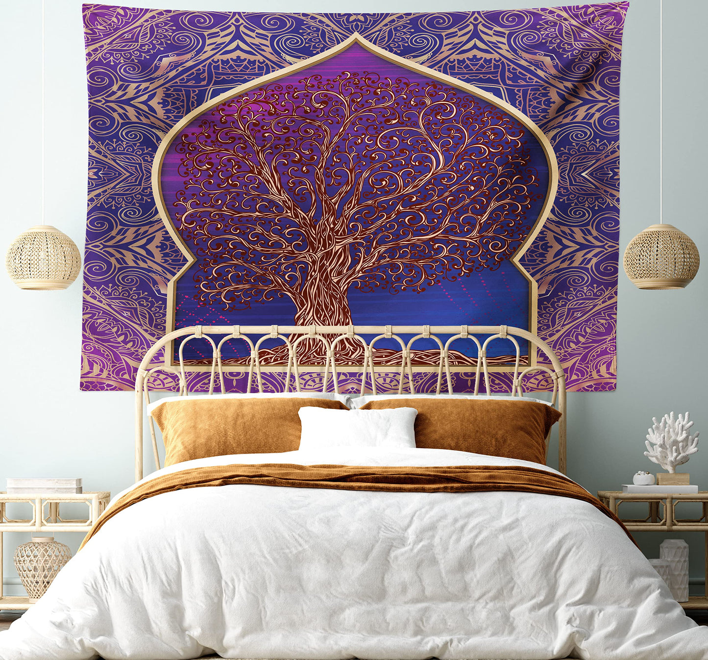 Ambesonne Ethnic Tapestry, Tree with Curved Leafless Branches Exotic Moroccan Arch Retro Art Design Print, Fabric Wall Hanging Decor for Bedroom Living Room Dorm, 28" X 23", Purple and Blue