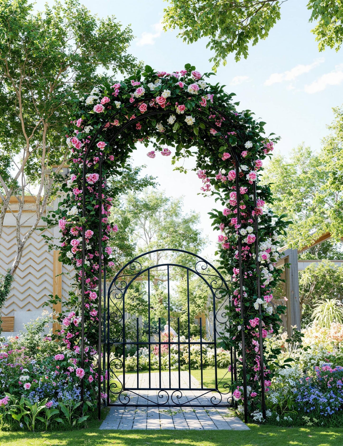 GarveeLife 7 FT Elegant Garden Arch with Gate - Romantic Steel Wedding Arbor for Climbing Roses & Vines, Decorative Metal Archway for Lawn, Patio or Backyard, Classic Black