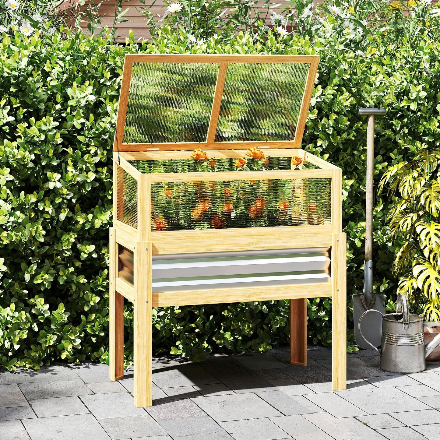 Outsunny Wooden Raised Garden Bed with Flip-Up Greenhouse Top, Raised Garden Bed with Legs and Bed Liner, Elevated Planter Box for Flowers, Vegetables, Herbs, Natural