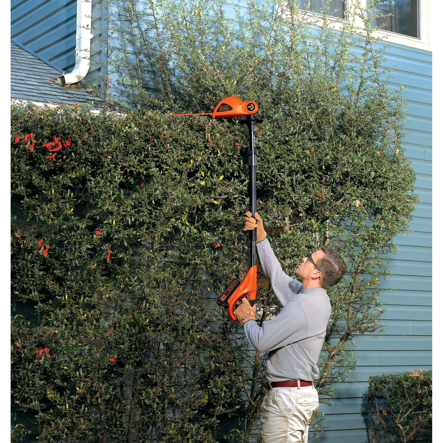 BLACK+DECKER 20V MAX Pole Hedge Trimmer Cordless with Battery and Charger, 18-Inch Dual Action Blade Power Hedge Trimmer, Extended Long Reach Hedger Up to 11 Ft, 180 Degrees Pivoting Head (LPHT120)