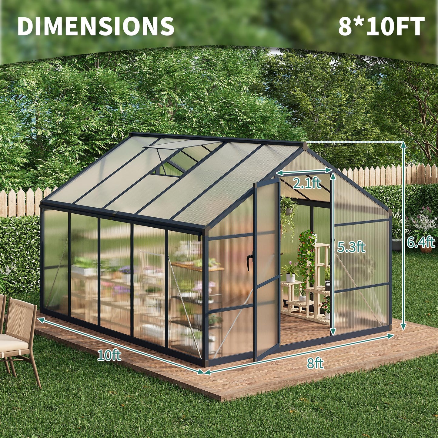 Garvee 8x10ft Greenhouse, Large Walk-in Greenhouse for Outdoors with Roof Vent & Lockable Outward-Opening Swing Door, Heavy Duty Aluminum Frame Polycarbonate Green House for Garden,Backyard,Lawn,Grey