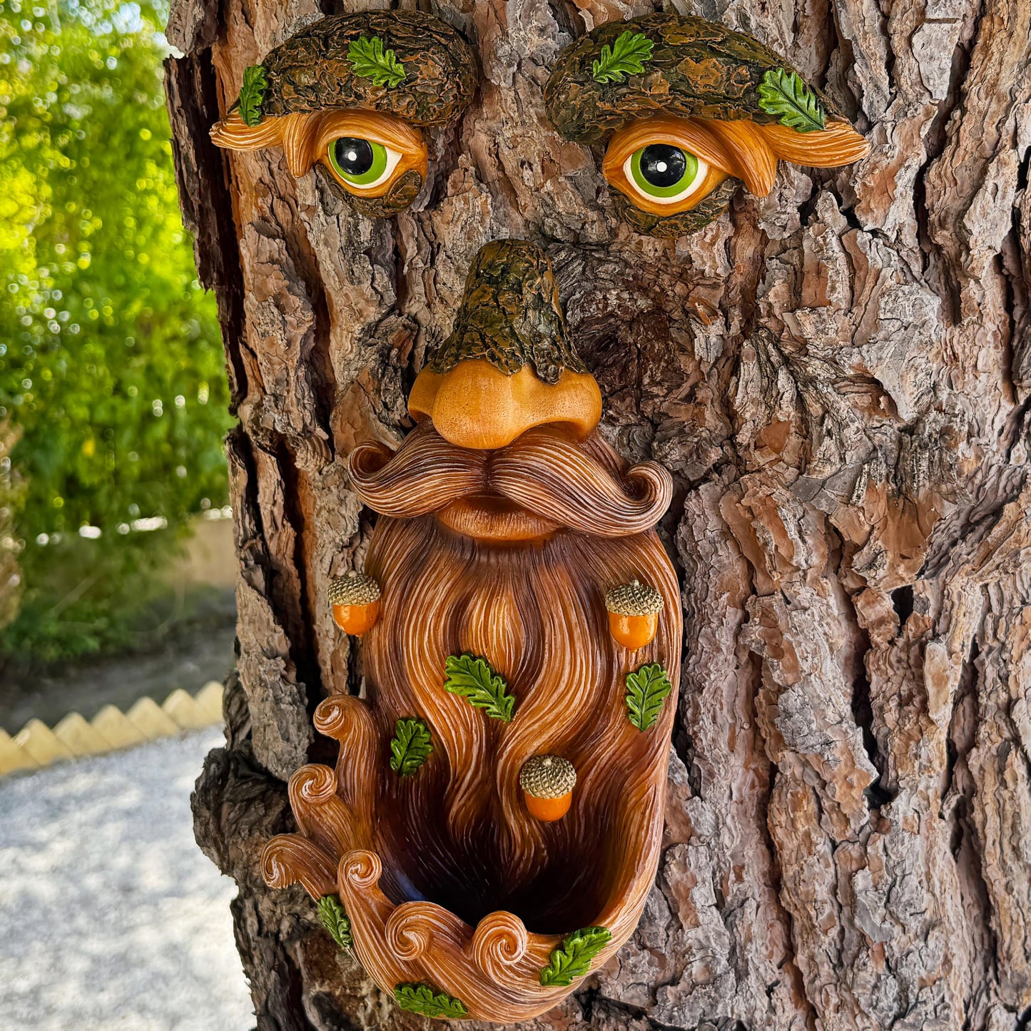 Mood Lab Tree Face Decor - Outdoor Bird Feeder with Acorns - Old Man Tree Face Garden Hugger Decoration