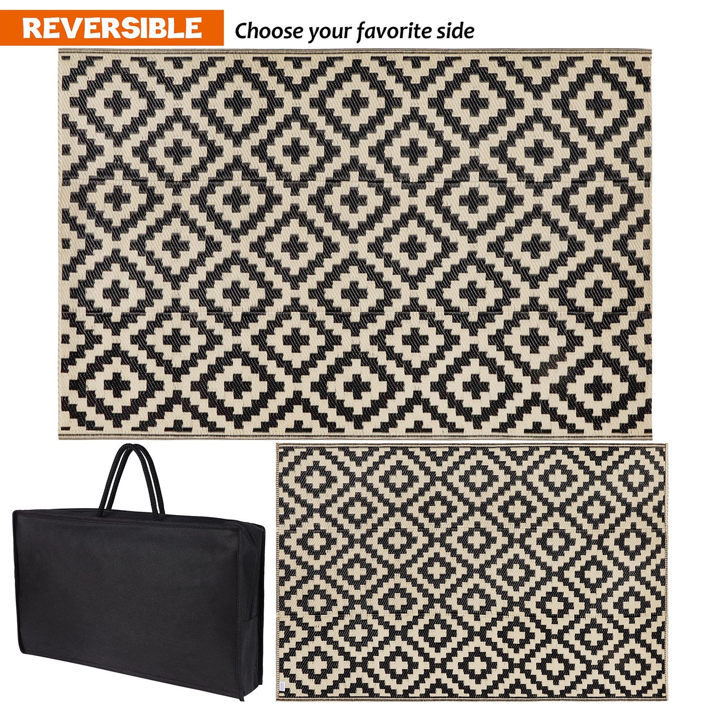 SAND MINE Reversible Mats, Plastic Straw Rug, Modern Area Rug, Large Floor Mat and Rug for Outdoors, RV, Patio, Deck, Beach, Camping (Black & Beige Lattice, 4' x 6', -3% to 5% Size Variance)
