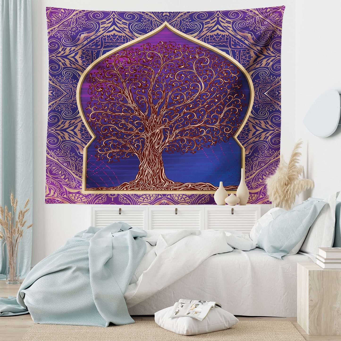 Ambesonne Ethnic Tapestry, Tree with Curved Leafless Branches Exotic Moroccan Arch Retro Art Design Print, Fabric Wall Hanging Decor for Bedroom Living Room Dorm, 28" X 23", Purple and Blue