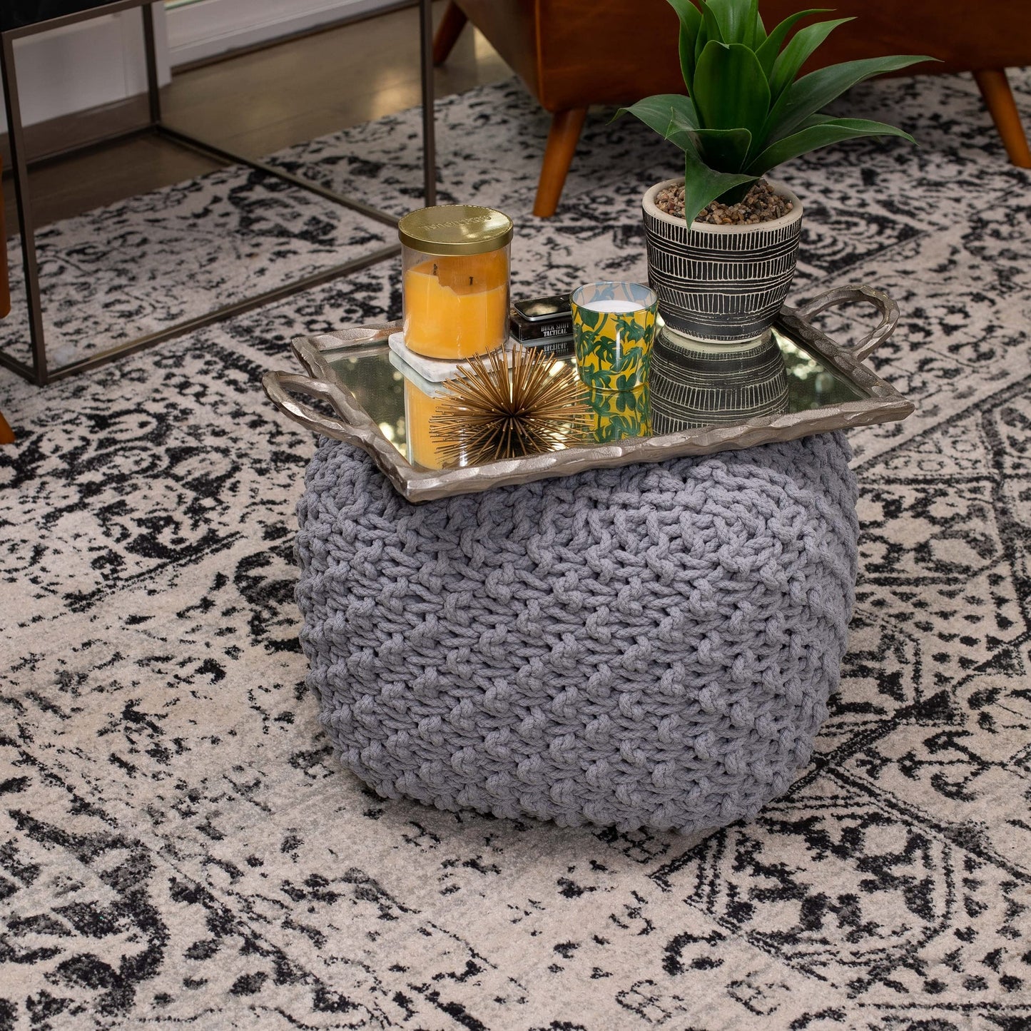 BIRDROCK HOME Square Pouf Ottoman | Cotton Braided Foot Stool with Bean Bag Filling | Boho Foot Rest for Living Room, Bedroom | Compact & Comfortable Seating, Lightweight & Sturdy | Grey