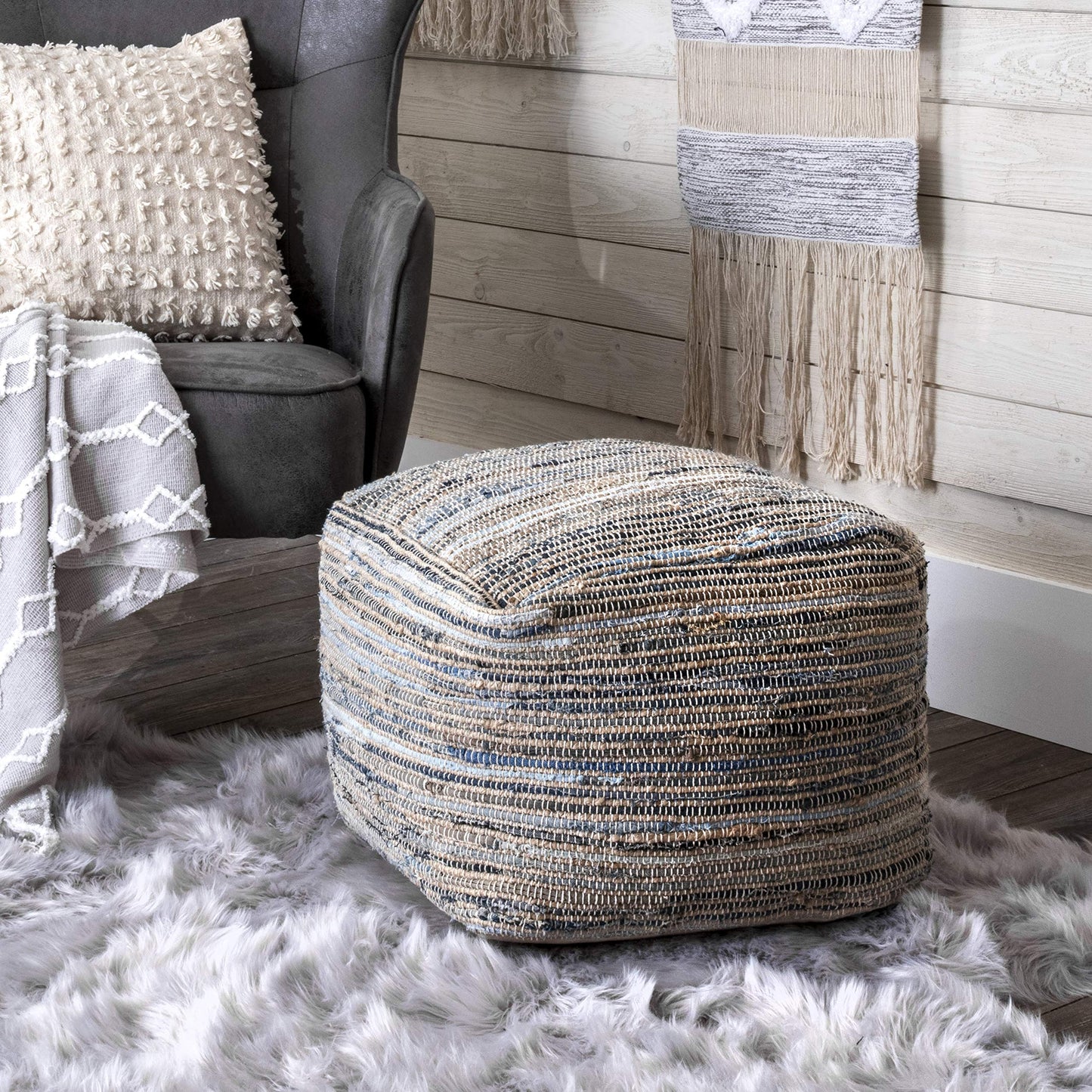 nuLOOM Granada Knitted Casual Denim and Jute Ottoman Pouf