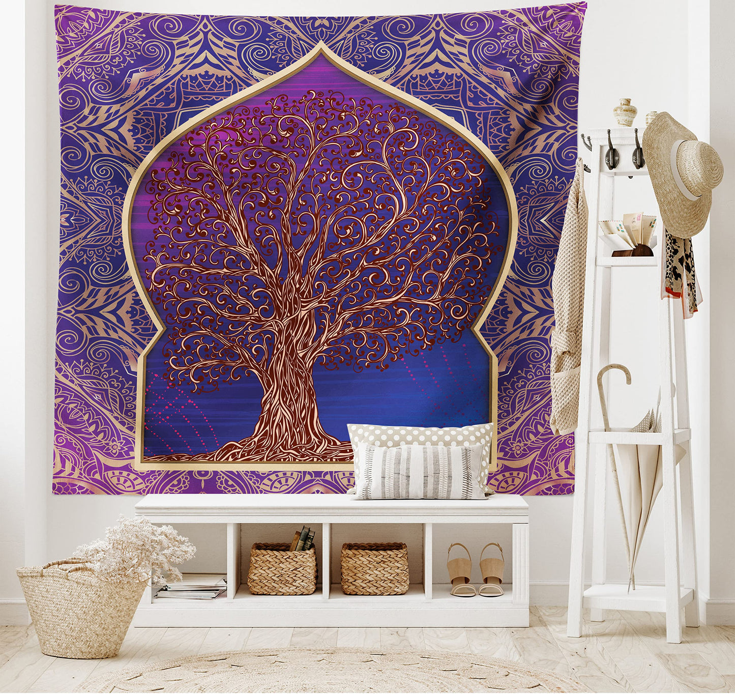 Ambesonne Ethnic Tapestry, Tree with Curved Leafless Branches Exotic Moroccan Arch Retro Art Design Print, Fabric Wall Hanging Decor for Bedroom Living Room Dorm, 28" X 23", Purple and Blue