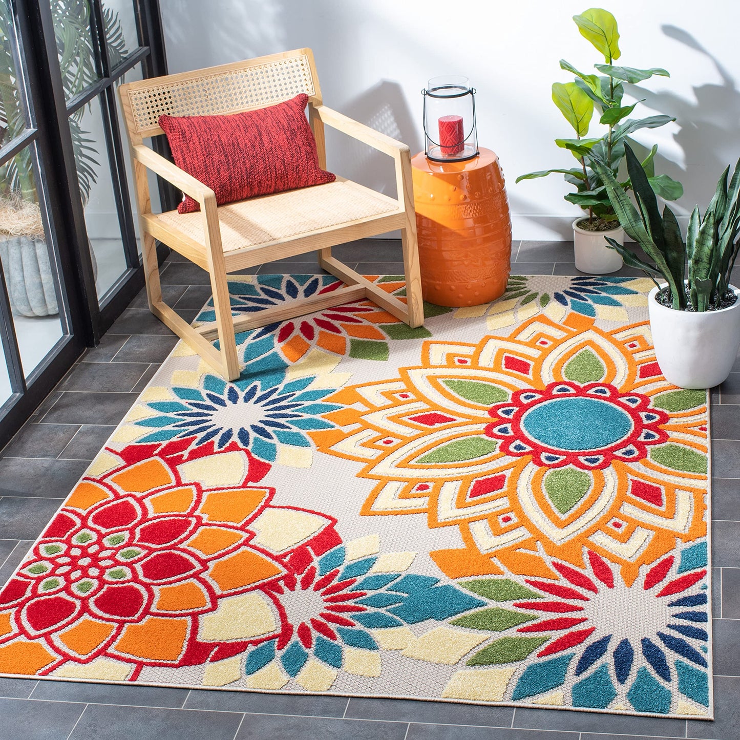 SAFAVIEH Washable Rug Outdoor Cabana Collection - 5'3" x 7'7", Ivory & Orange, Non-Shedding & Easy to Clean, Ideal for Patio, Backyard, Mudroom (CBN328A)
