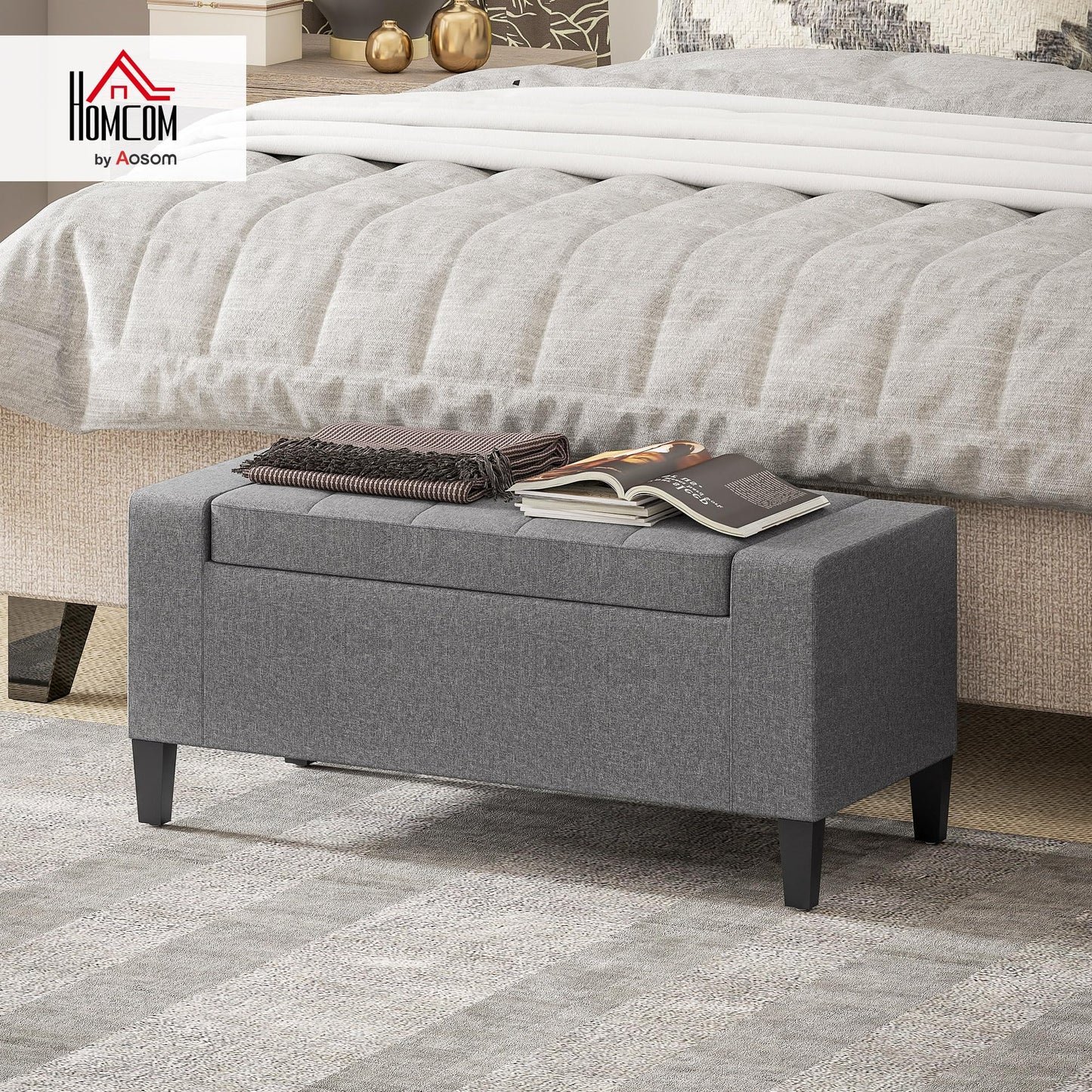 HOMCOM Storage Ottoman, Linen Upholstered Storage Bench with Lift Top and Button Tufted for Living Room, Gray