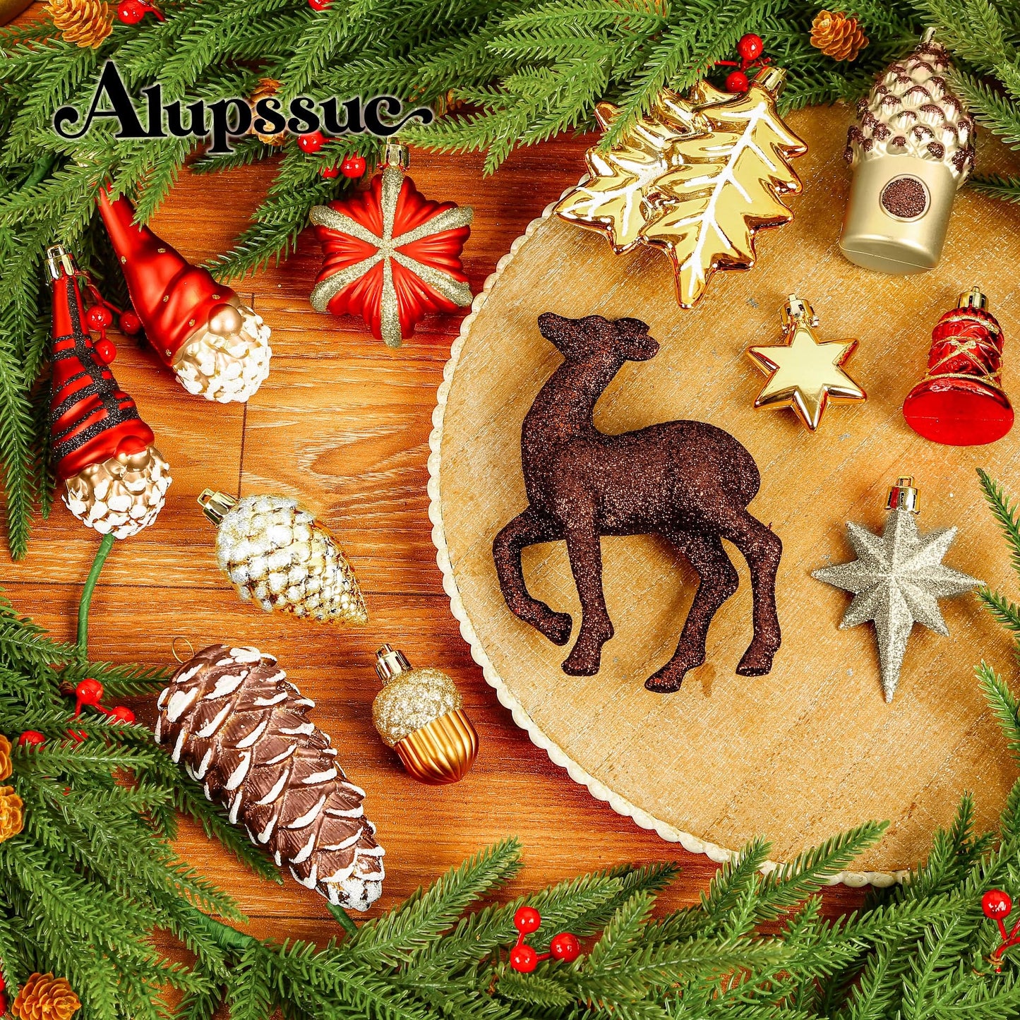 Alupssuc 103pcs Christmas Balls Ornaments Set, Gnome Christmas Tree Decorations with Hanging Strings, Shatterproof Plastic Baubles for Xmas Tree Holiday Wedding Party Decorations, Red, Bronze and Gold