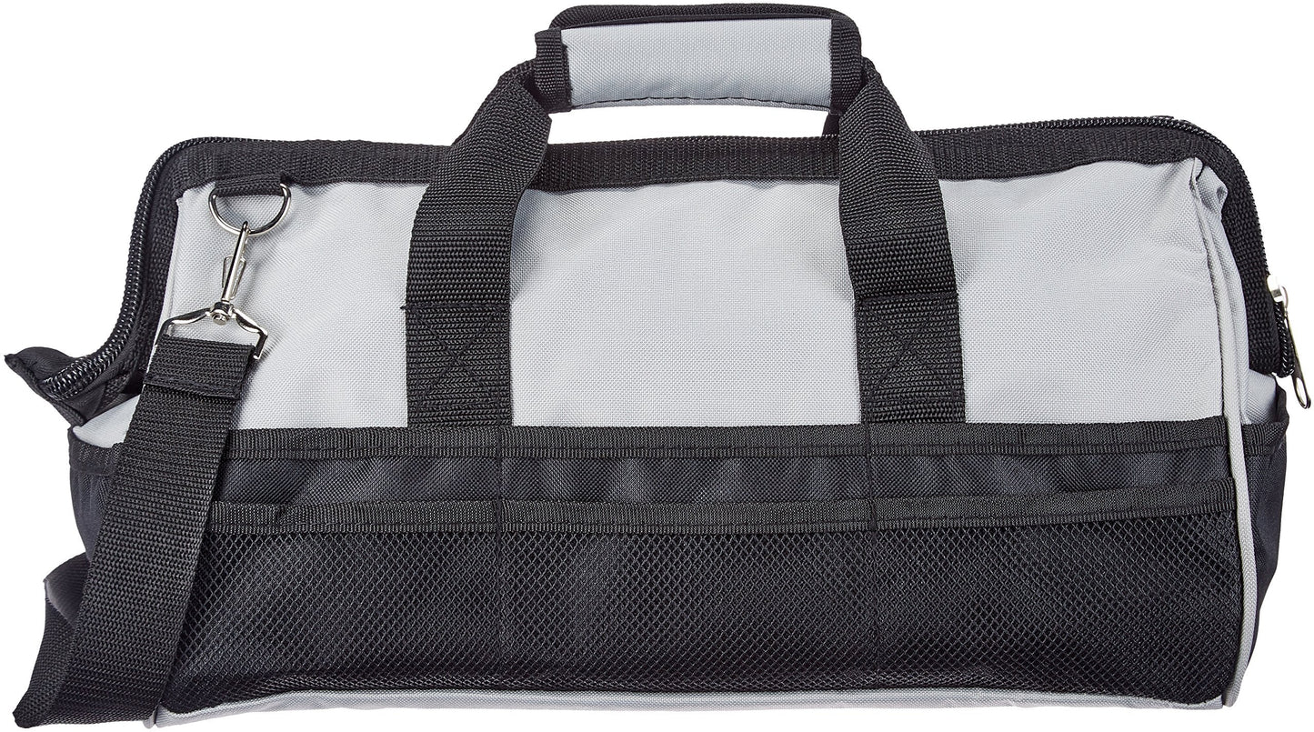 Amazon Basics Durable Wear-Resistant Tool Storage Bag with Adjustable Shoulder Strap, Portable Tool Organizer, 16 in, Black & Grey