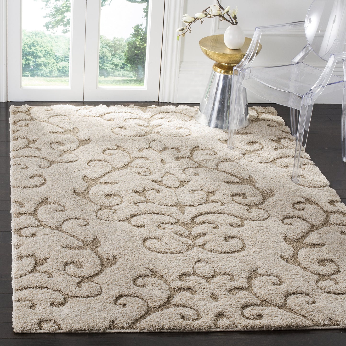 SAFAVIEH Florida Shag Collection Area Rug - 5'3" x 7'6", Cream & Beige, Scroll Design, Non-Shedding & Easy Care, 1.2-inch Thick Ideal for High Traffic Areas in Living Room, Bedroom (SG470-1113)