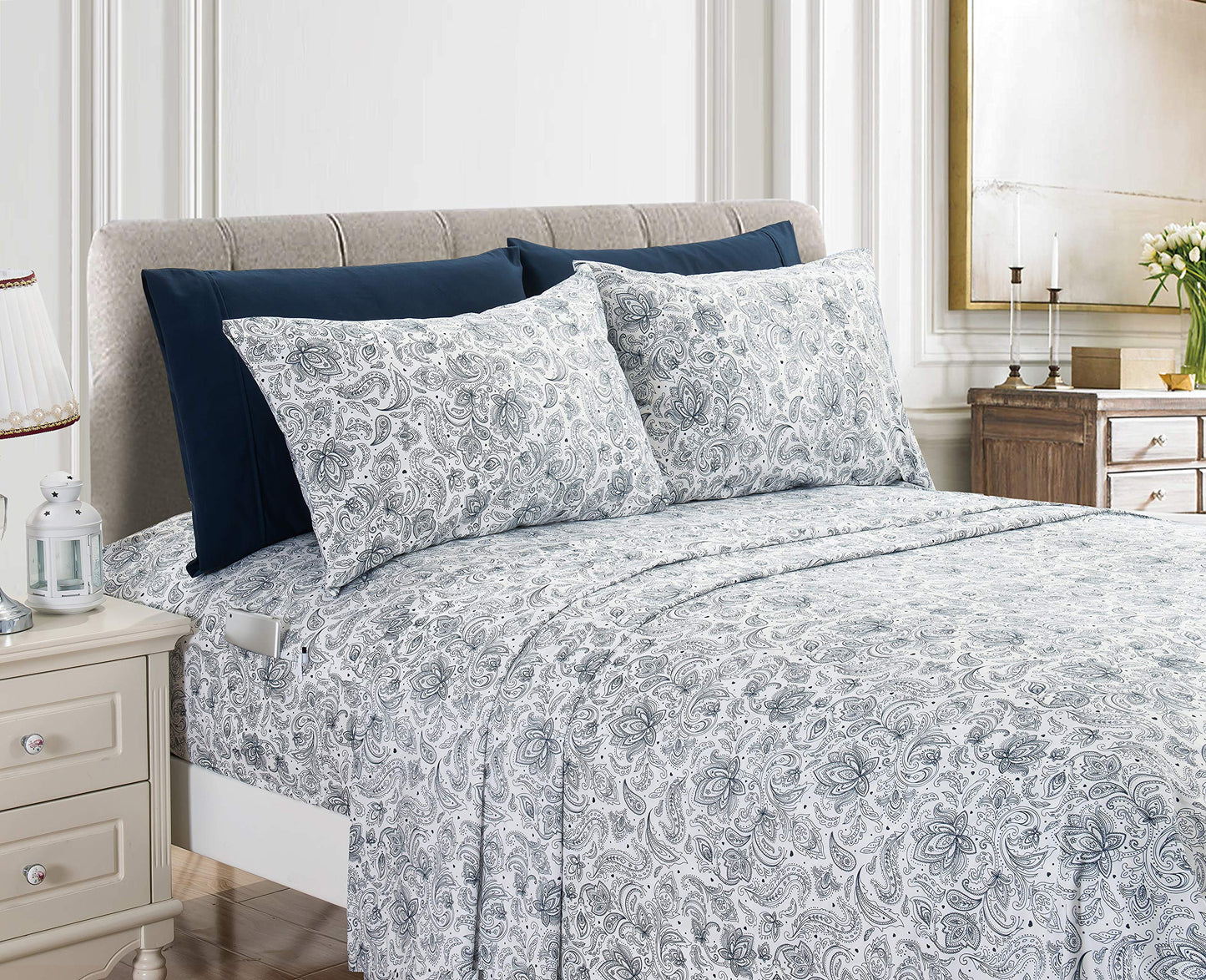 Elegant Comfort Luxury Soft Bed Sheets Paisley Pattern - 1500 Premium Hotel Quality Microfiber Softness Wrinkle and Fade Resistant (6-Piece) Bedding Set, Queen, Navy