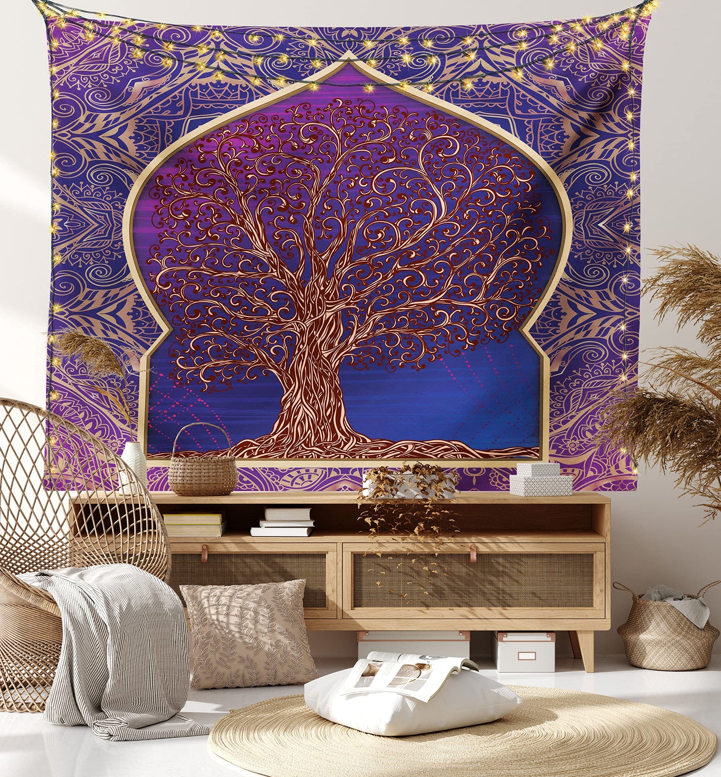 Ambesonne Ethnic Tapestry, Tree with Curved Leafless Branches Exotic Moroccan Arch Retro Art Design Print, Fabric Wall Hanging Decor for Bedroom Living Room Dorm, 28" X 23", Purple and Blue