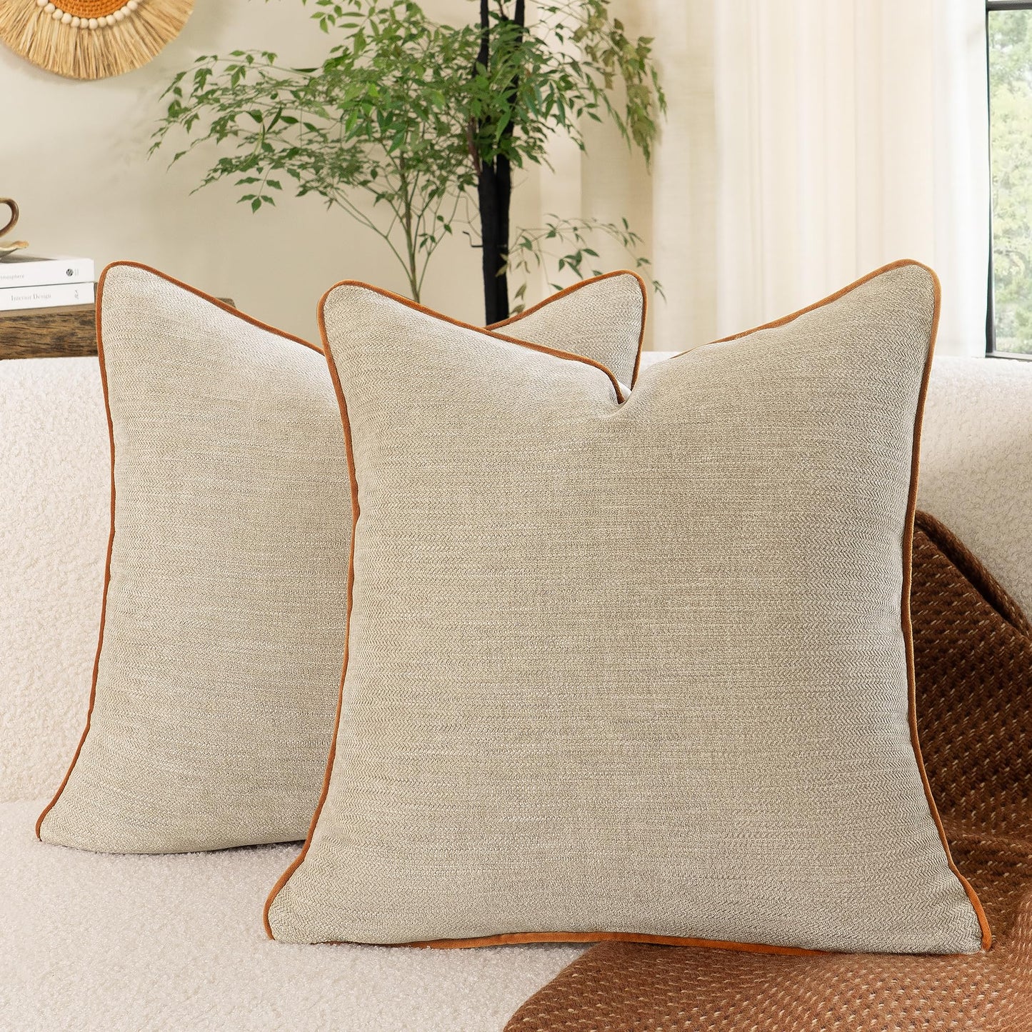 MATTINS Apricot Yellow Cotton Throw Pillow Covers 18x18 Set of 2, Solid Decorative Pillow Covers with Soft Chenille Texture and Velvet Back, Neutral Farmhouse Cushion Covers for Couch Sofa Bedroom
