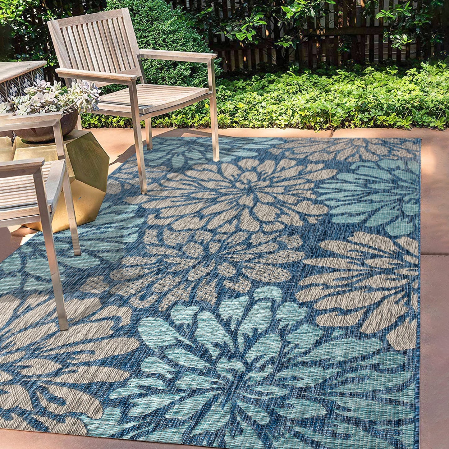 JONATHAN Y Floral Textured Weave Indoor Outdoor Area Rug 4X6 Navy/Aqua, Zinnia Modern for Backyard, Patio, Porch, Easy-Cleaning, High Traffic, Pet-Friendly, Non-Shedding (SMB110C-4)