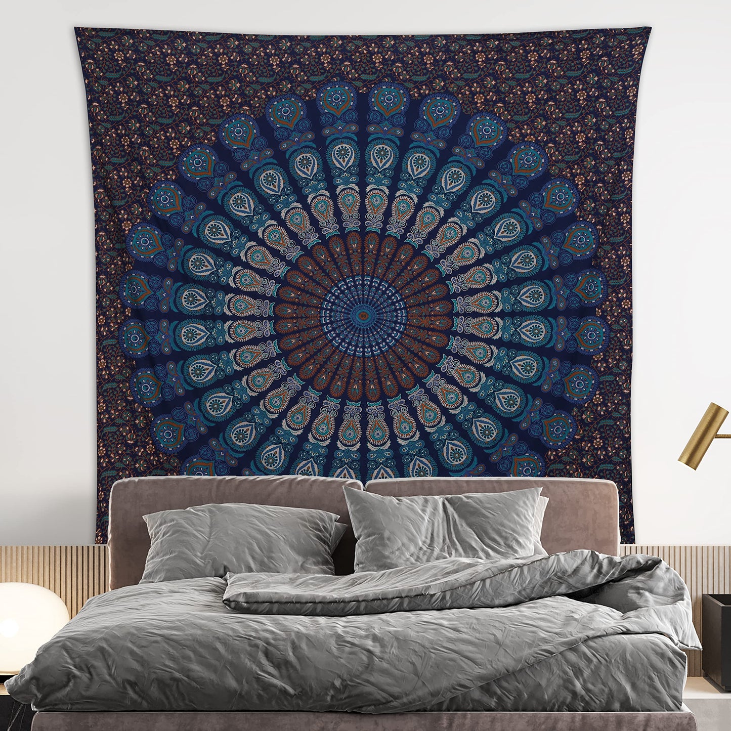 Bless International Handmade Indian hippie Bohemian Psychedelic Peacock Mandala Wall hanging College Dorm Beach Throws Table Cloth Bedding Tapestry (Blue Green, Queen(84x90Inches)(215x230Cms))