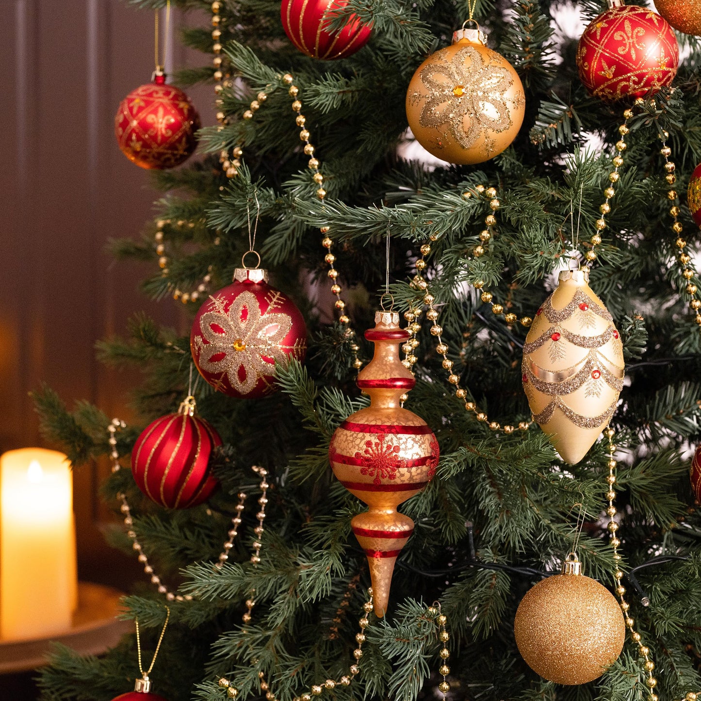 Valery Madelyn Glass Christmas Ornaments Set, 10ct Red Gold Mercury Blown Large Glass Christmas Tree Ball Decorations, Luxury Hanging Teardrop Finial Faceted Reflector Decor