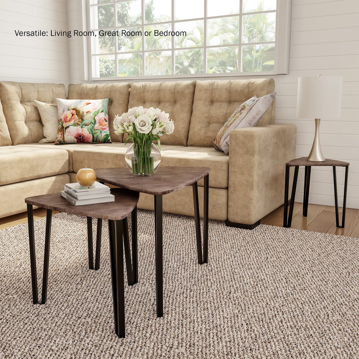 LAVISH HOME Nesting Set of 3, Modern Woodgrain Look for Living Room Coffee Tables or Nightstands-Contemporary Accent Decor Furniture