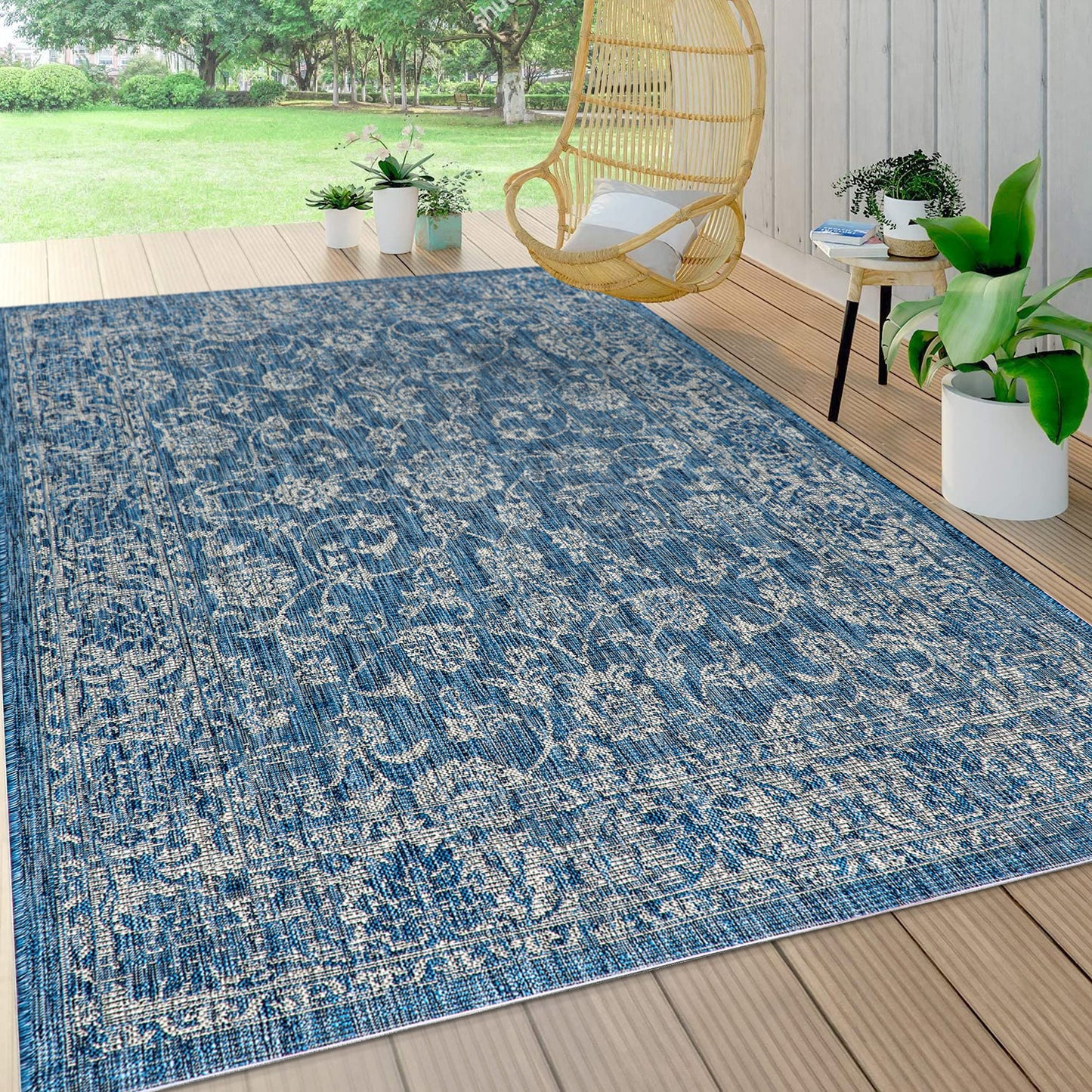 JONATHAN Y Weave Floral Indoor Outdoor Area Rug 8X10 Navy/Gray, Tela Bohemian Textured for Backyard, Patio, Porch, Easy-Cleaning, High Traffic, Pet-Friendly, Non-Shedding (SMB100B-8)
