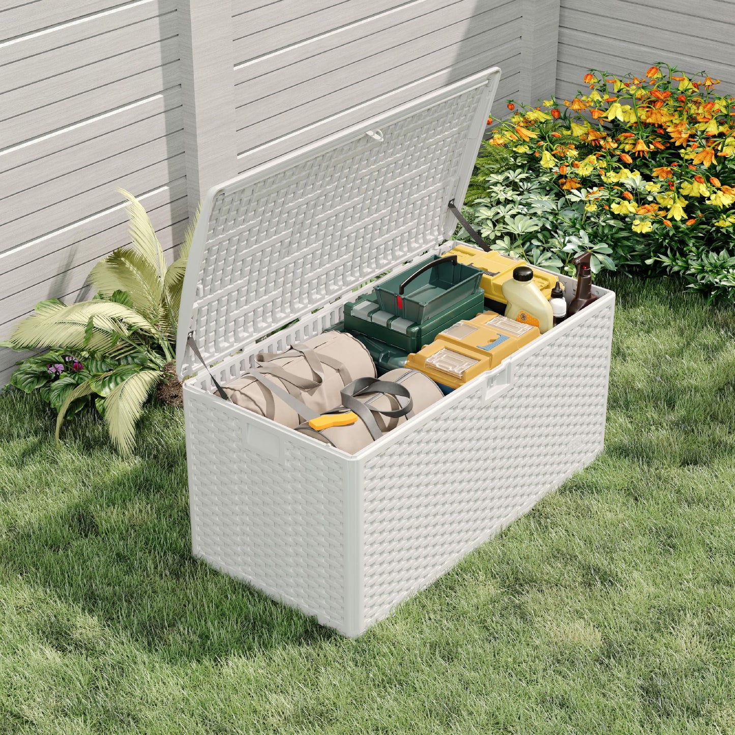 73 Gallon Waterproof Large Resin Deck Box Indoor Outdoor, Lockable Storage Container for Patio Furniture Cushions, Throw Pillows, Garden Tools, and Pool Floats, White