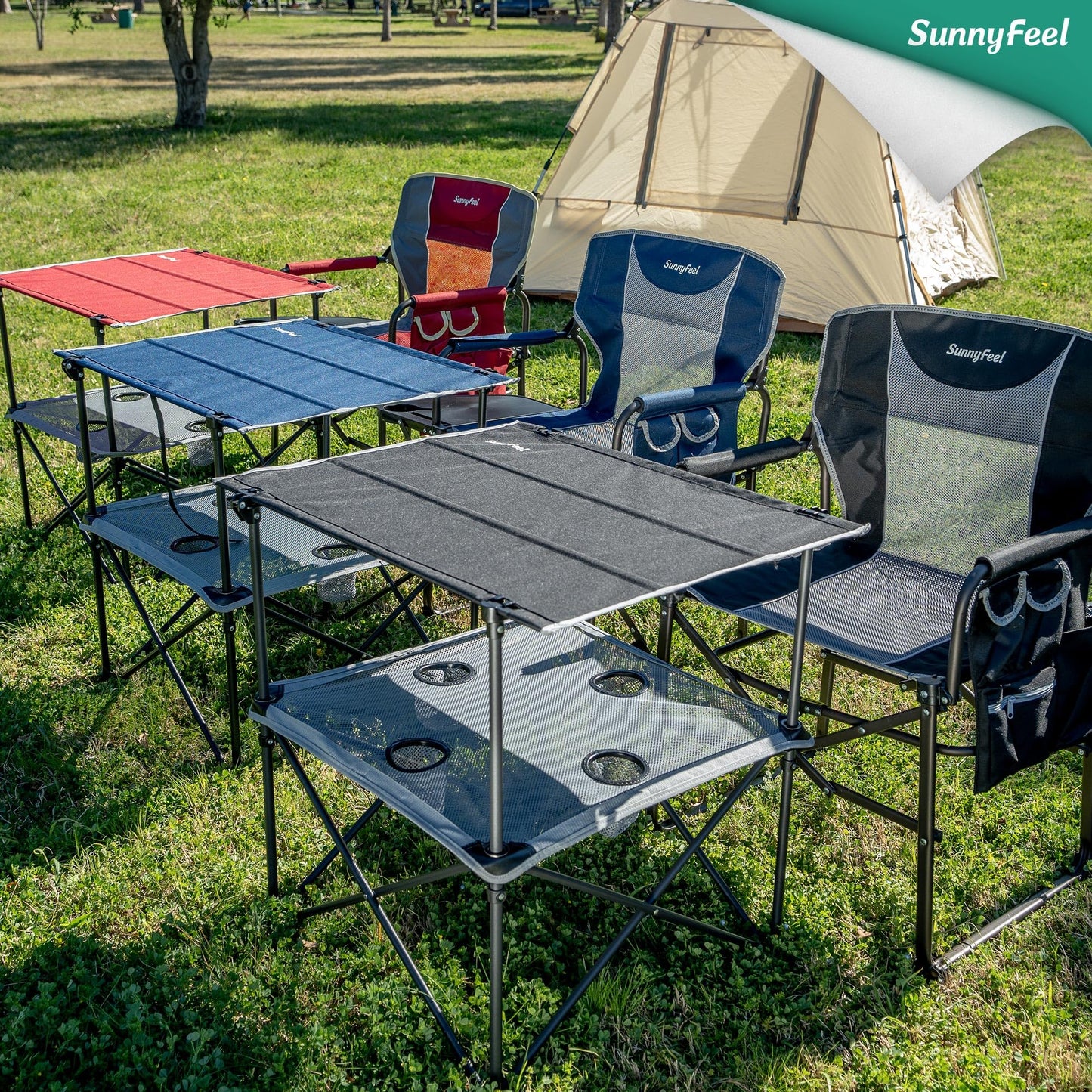 SUNNYFEEL Folding Camping Table- Collapsible Portable Beach Table with 4 Cup Holders & Carry Bags, Tailgate Table for Outdoor Excursion Picnic Hiking Fishing Travel Parties, Black