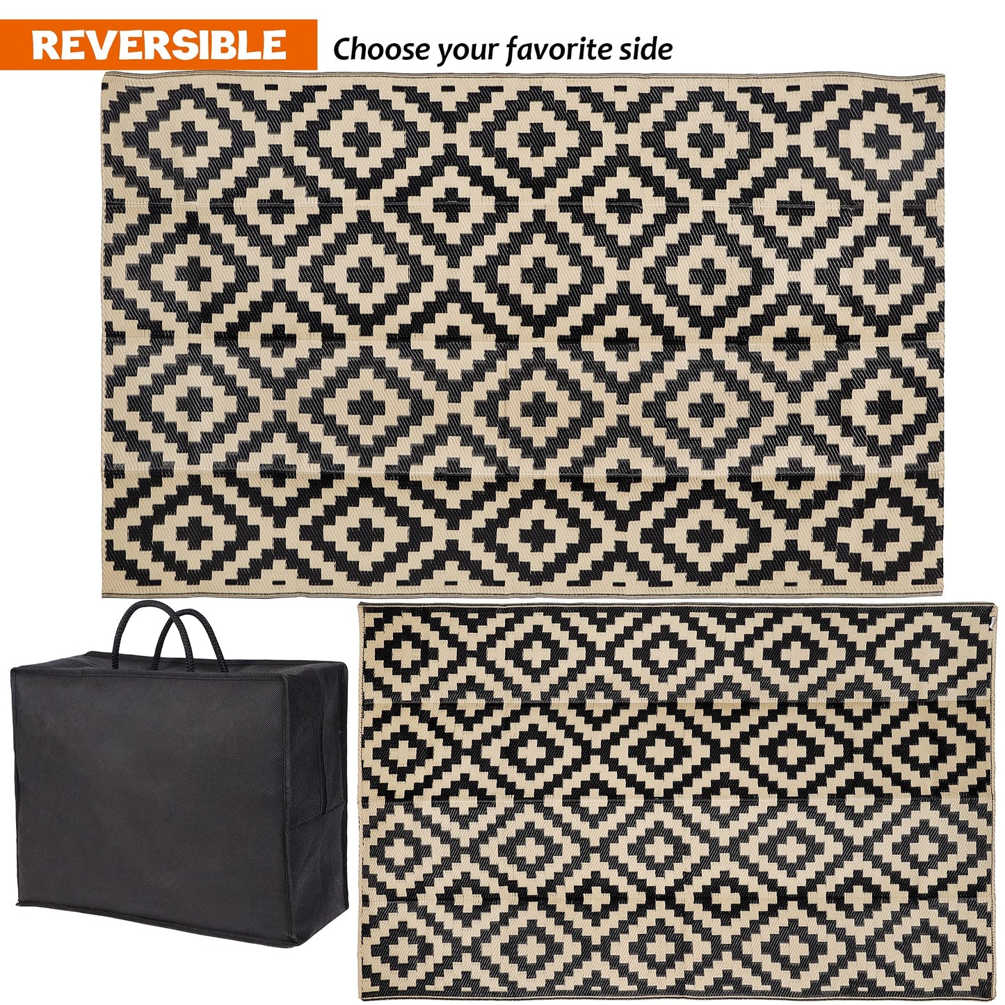 SAND MINE Waterproof Outdoor Rug 5x8 ft, Plastic Reversible Rug, Modern Area Rug, Large Floor Mat for Outdoors, RV, Patio, Backyard, Deck, Picnic, Beach, Camping, Black & Beige