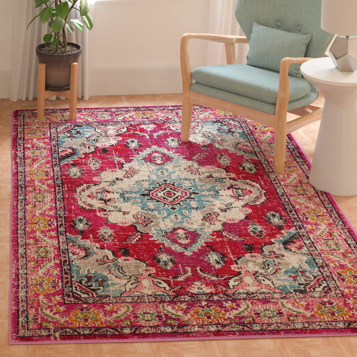 SAFAVIEH Monaco Collection Area Rug - 3' x 5', Pink & Multi, Non-Shedding & Easy to Clean, Distressed Medallion Design, Ideal for Living Room, Bedroom, Dining Space (MNC243D)