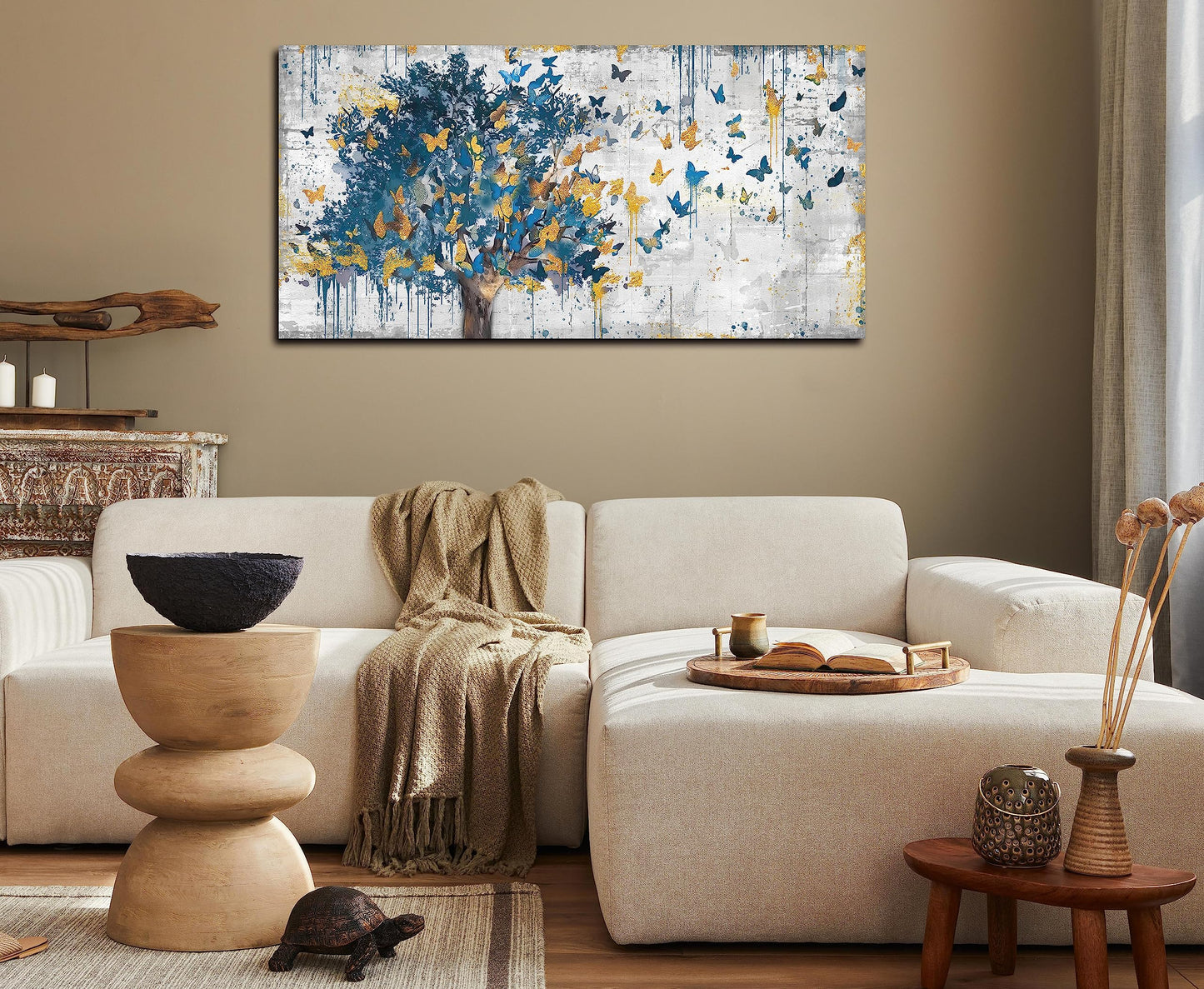 Kepgonegu Large Canvas Wall Art Blue Tree Golden Butterflies Picture Abstract Grey Graffiti Canvas Prints Ready to Hang for Living Room Bedroom Size 20x40