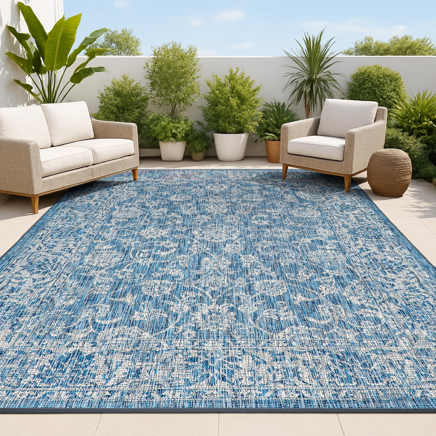 JONATHAN Y Weave Floral Indoor Outdoor Area Rug 8X10 Navy/Gray, Tela Bohemian Textured for Backyard, Patio, Porch, Easy-Cleaning, High Traffic, Pet-Friendly, Non-Shedding (SMB100B-8)