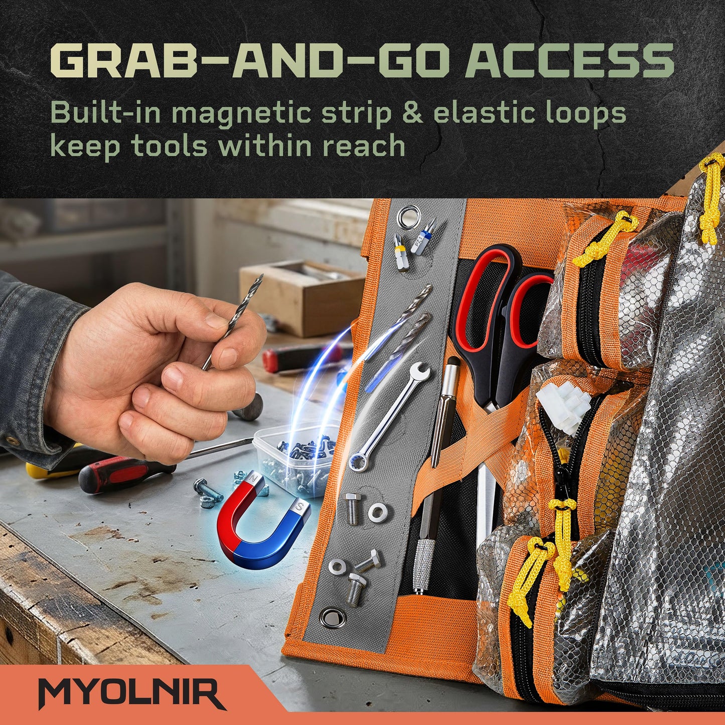 Myolnir Roll Up Tool Bag Organizer With Kickstand - Full-Size 25" Heavy Duty Tool Roll Bag - Portable Rollup Toolbag With Magnetic Panels & Transparent Pockets - Mechanic & Electrician