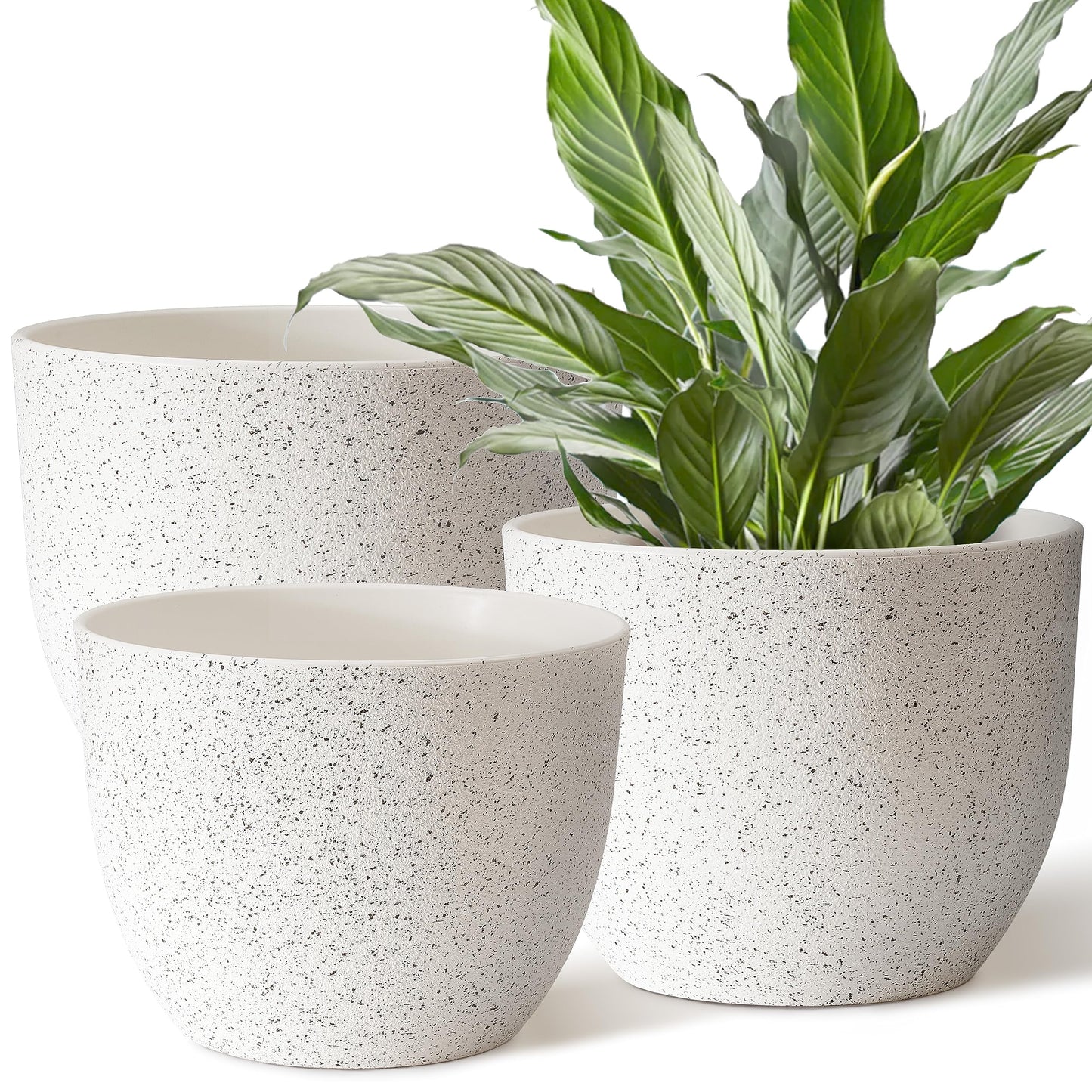 Giraffe Creation 12/10/9 Set of 3 Speckled White Plant Pots, Modern Indoor & Outdoor Planters with Drainage Holes and Saucers