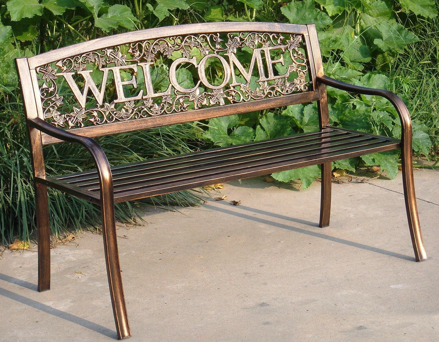 Leigh Country Metal Outdoor Bench, Welcome Design, Decorative Patio Seating for Porch/Deck