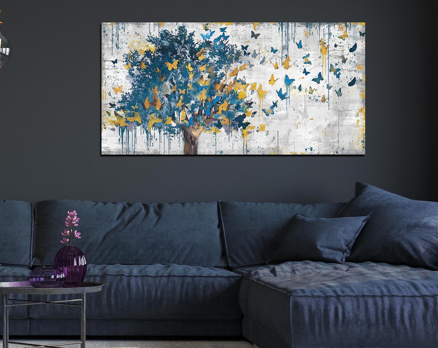 Kepgonegu Large Canvas Wall Art Blue Tree Golden Butterflies Picture Abstract Grey Graffiti Canvas Prints Ready to Hang for Living Room Bedroom Size 20x40