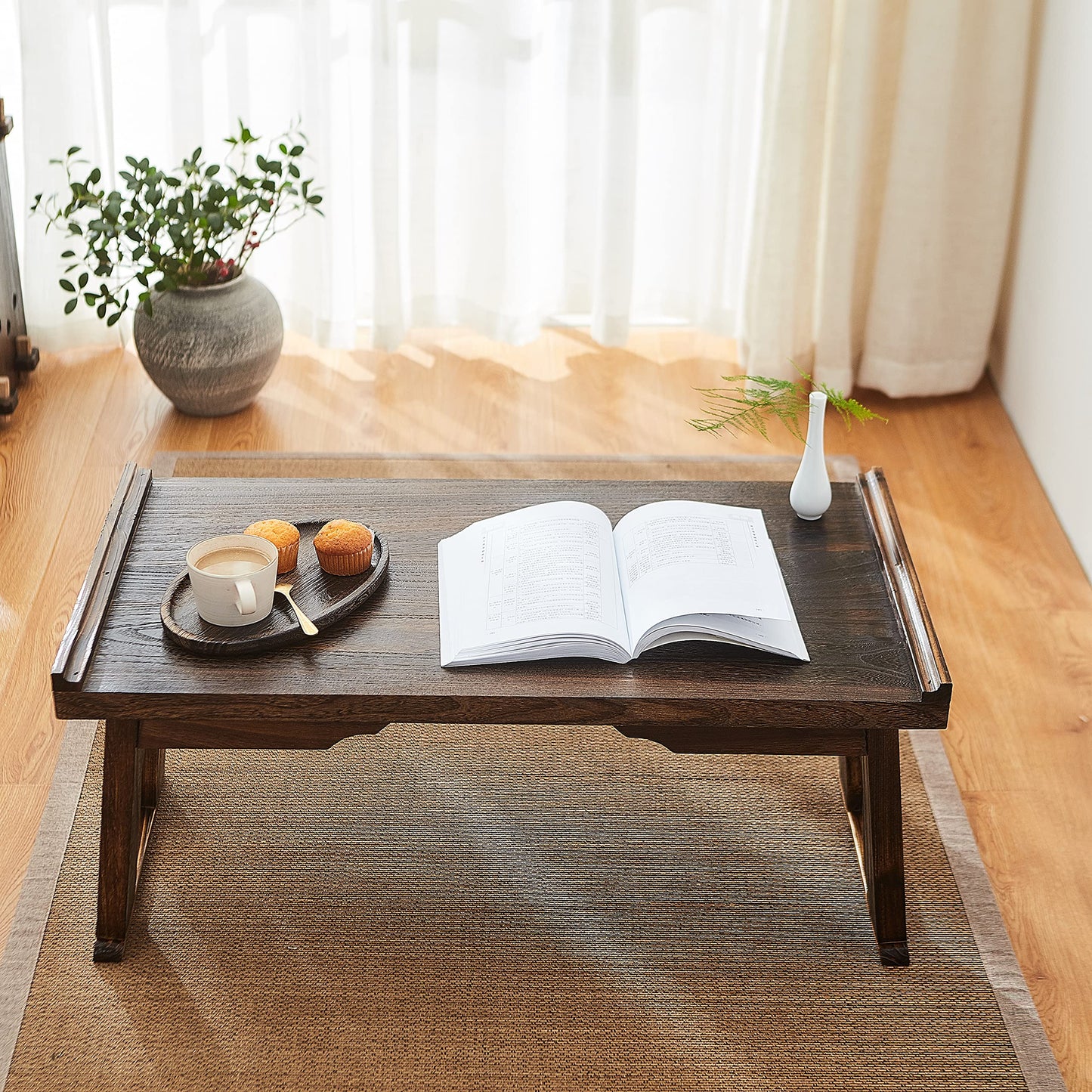 SINOBEST Foldable Wooden Laptop Desk, Breakfast in Bed Serving Tray, Japanese Floor Table for Tea & Coffee, Portable Antique Meditation Altar (23.6”x13.4”x10.6”)