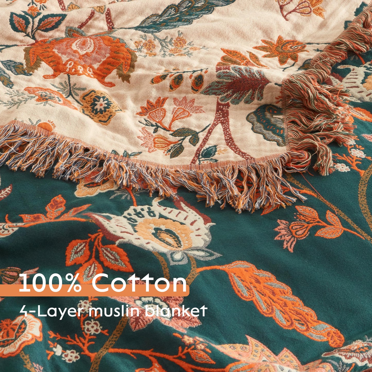 Boho Throw Blanket for Bed 60”x80”, 100% Cotton Woven Blanket for Couch Sofa, Ultra Soft 4-Layer Muslin Quilt with Floral Printed, Farmhouse Bed Blanket/Cover for Living Room Decor