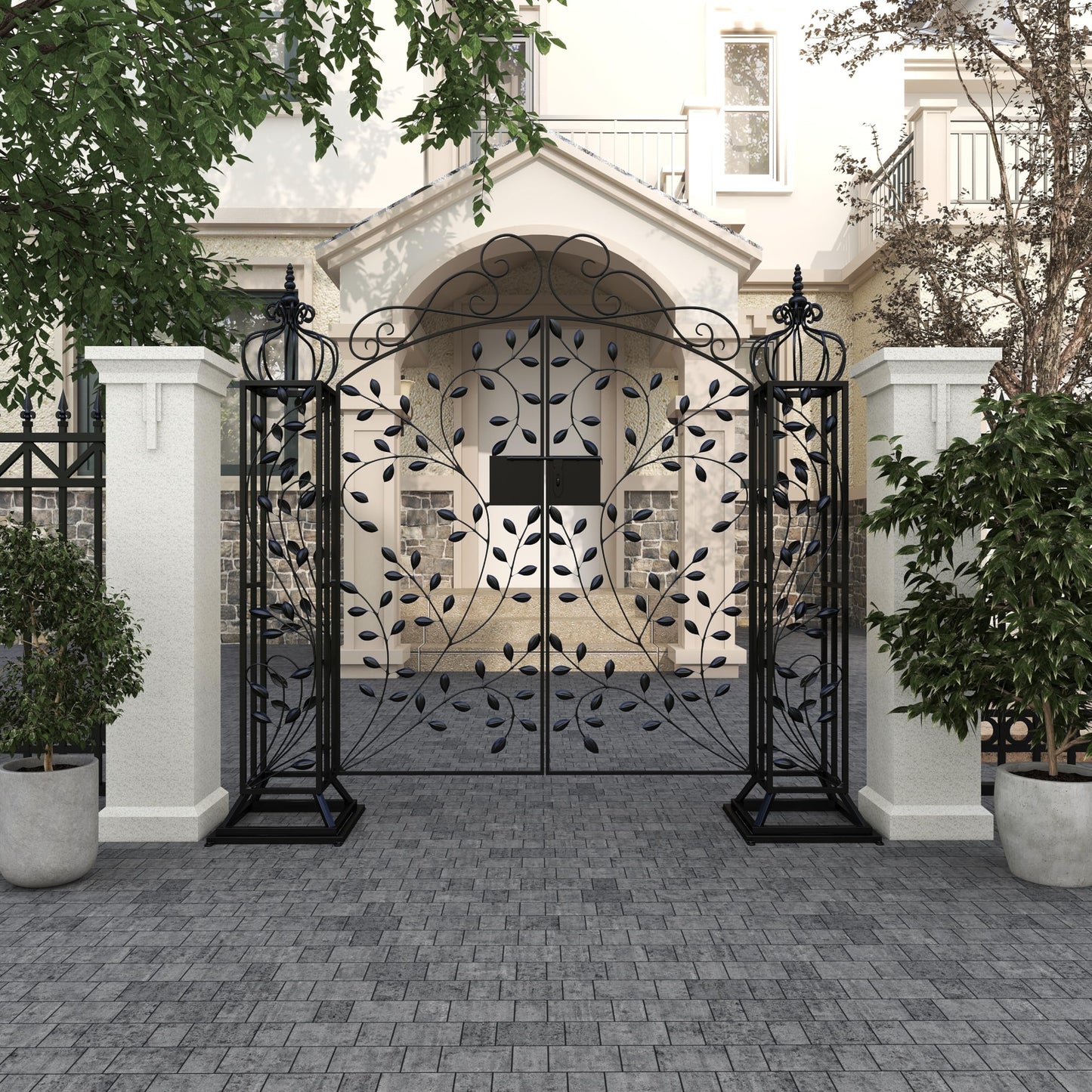 Deco 79 Metal Indoor Outdoor Scrollwork Arched Gate Garden Arbor with Vines and Latch Lock Closure, 70" x 15" x 65", Black