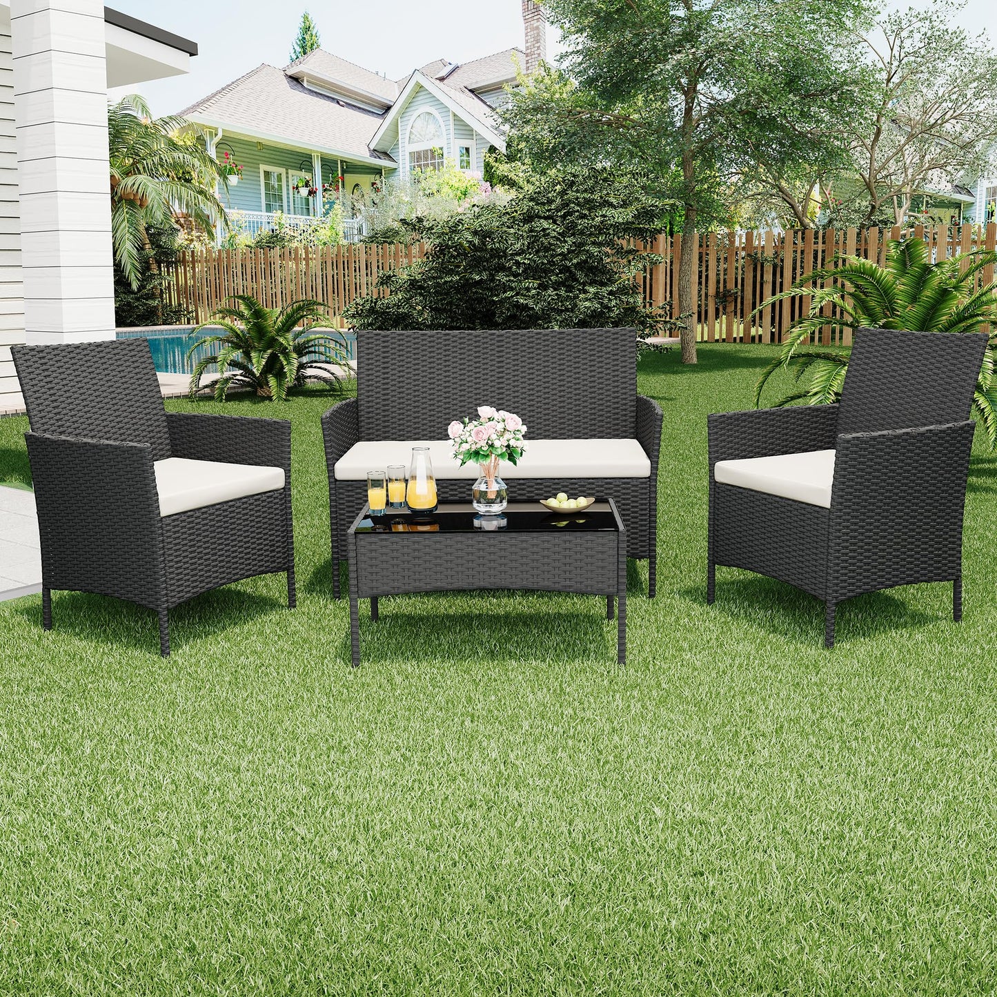 GAOMON 4 Piece Patio Furniture Set, Modern Patio Conversation Set with Glass Coffee Table, PE Wicker & Cushions for Poolside, Deck, Balcony, Black & Beige