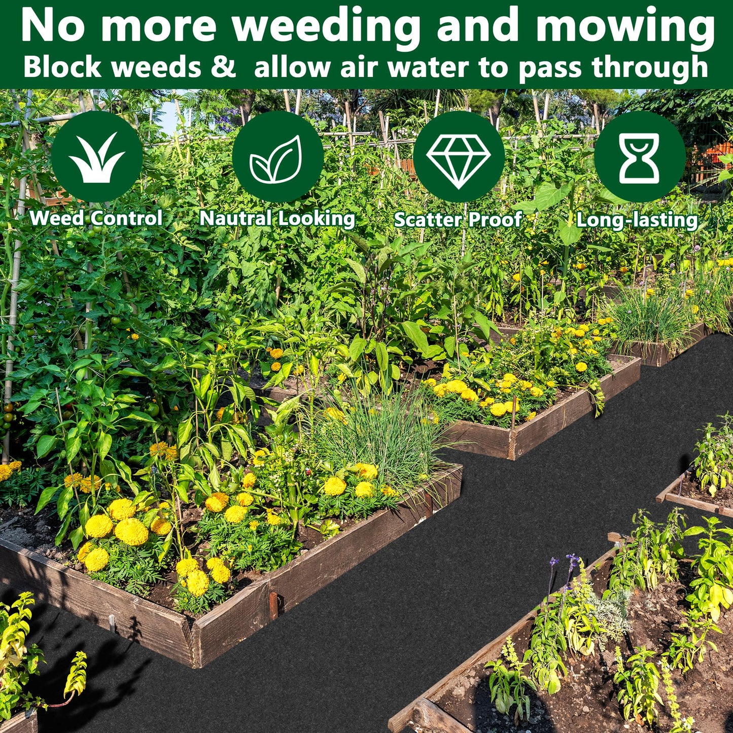 DECOHS 10 x 2 Ft Recycled Felt Mulch Mat Roll for Landscaping, Permanent Fabric Mulch Walkway Pathway Mat, Reusable Garden Pathway Mulch Barrier with 10 Stakes for Plants, Vegetable and Flower Outdoor