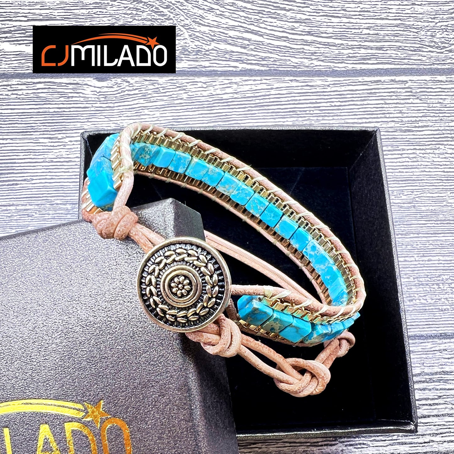 CJMILADO Mens Genuine Leather Bracelet - Handmade Adjustable Leather Cuff Bracelet punk Style leather wrap Wristband for Men (W-Turquoise Bead)