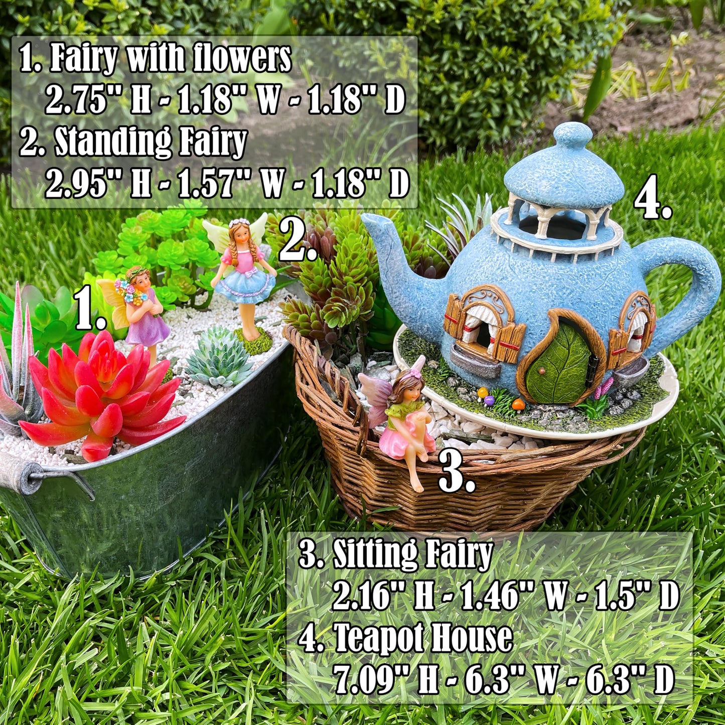 Mood Lab Fairy Garden Figurines - Teapot House Set (4 pcs) - 7.1" H Miniature Decorative House & Accessories - Outdoor & Indoor Garden Decor