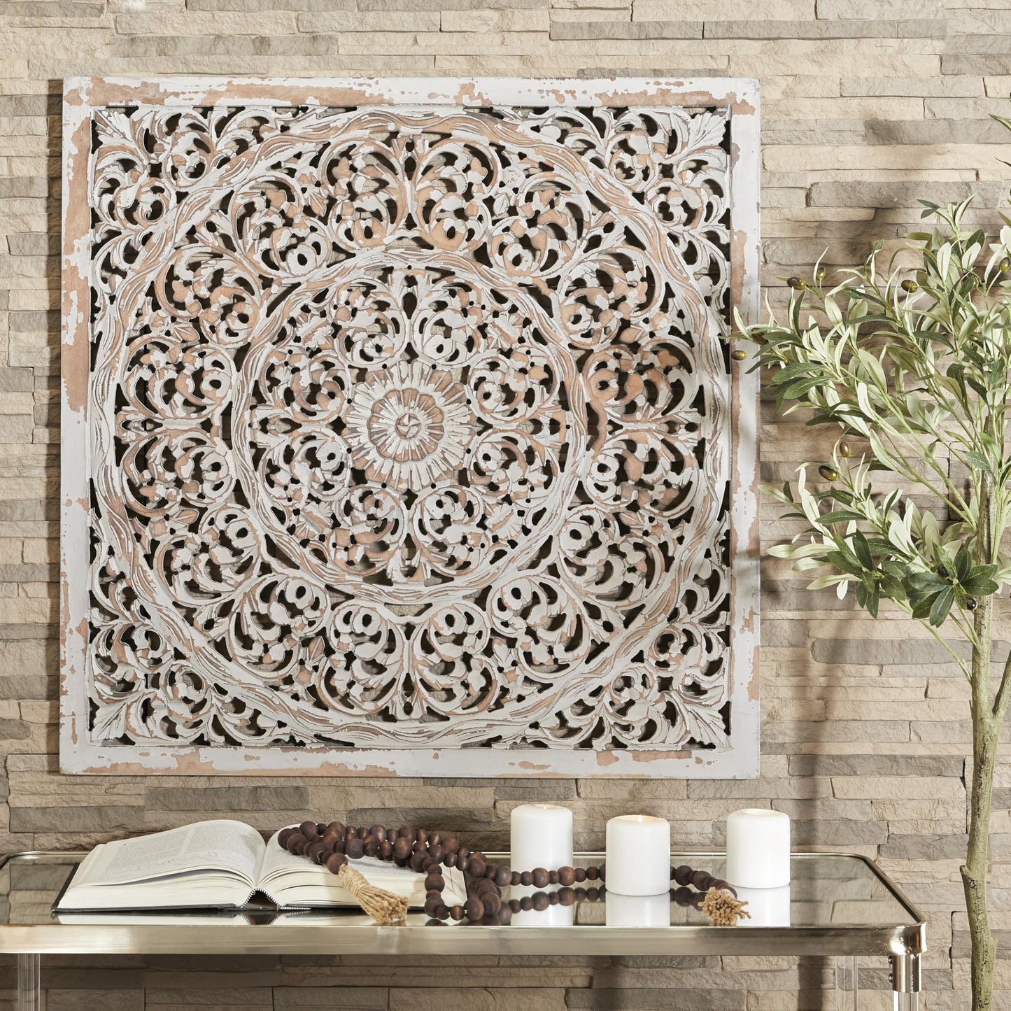 Deco 79 Wooden Floral Handmade Carved Scroll Mandala Wall Decor with Brown Distressing, 36" x 1" x 36", Gray