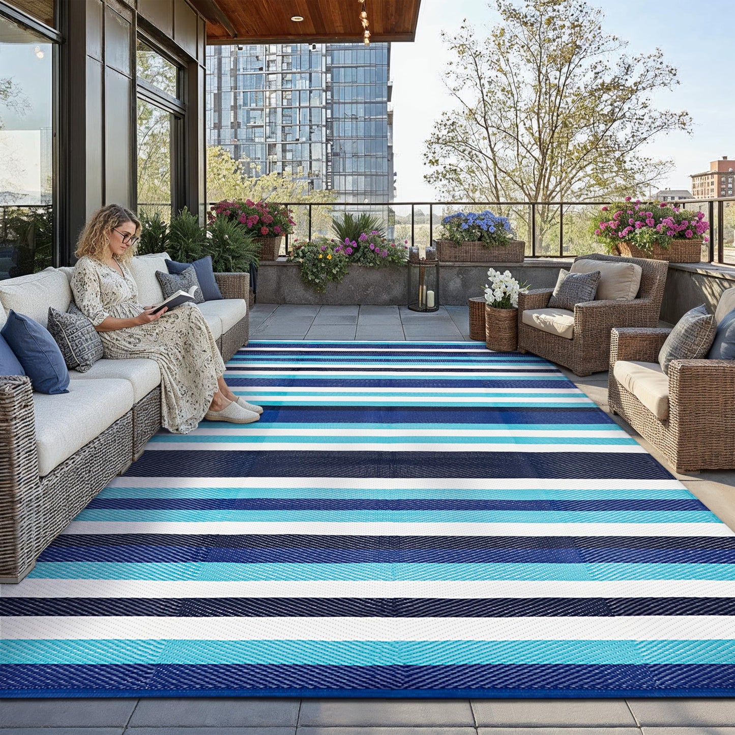 HUGEAR Outdoor Waterproof Rug 9'x12' Plastic Straw Rugs Washable Reversible Floor Mat Blue Stripe Carpet for Camping RV Deck Entryance Porch Picnic Balcony Beach Backyard