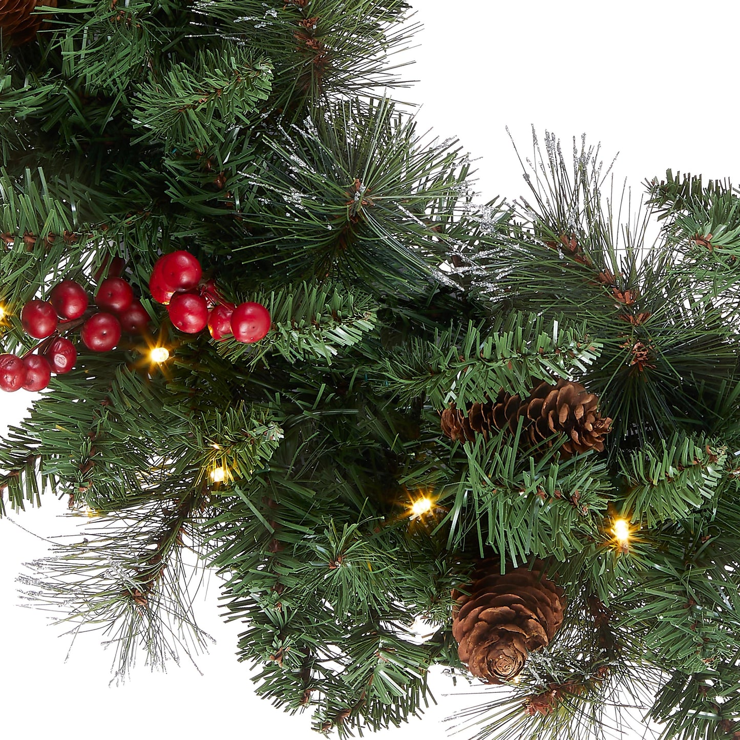 National Tree Company 24 in Pre-Lit Crestwood Spruce Artificial Christmas Wreath, Christmas Decoration with Glitter, Pinecones, Red Berries, 50 Warm White LED Lights, 160 Tips, Timer, Green