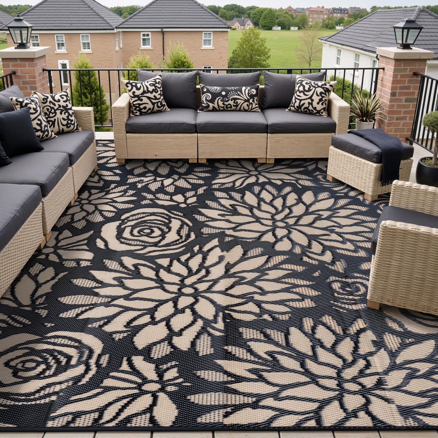 WondRg Outdoor Plastic Straw Rug Waterproof Patio 9x12 Black Brown Floral Mat for Porch Camping RV Balcony Deck Courtyard Reversible Lightweight Durable Portable Carpet