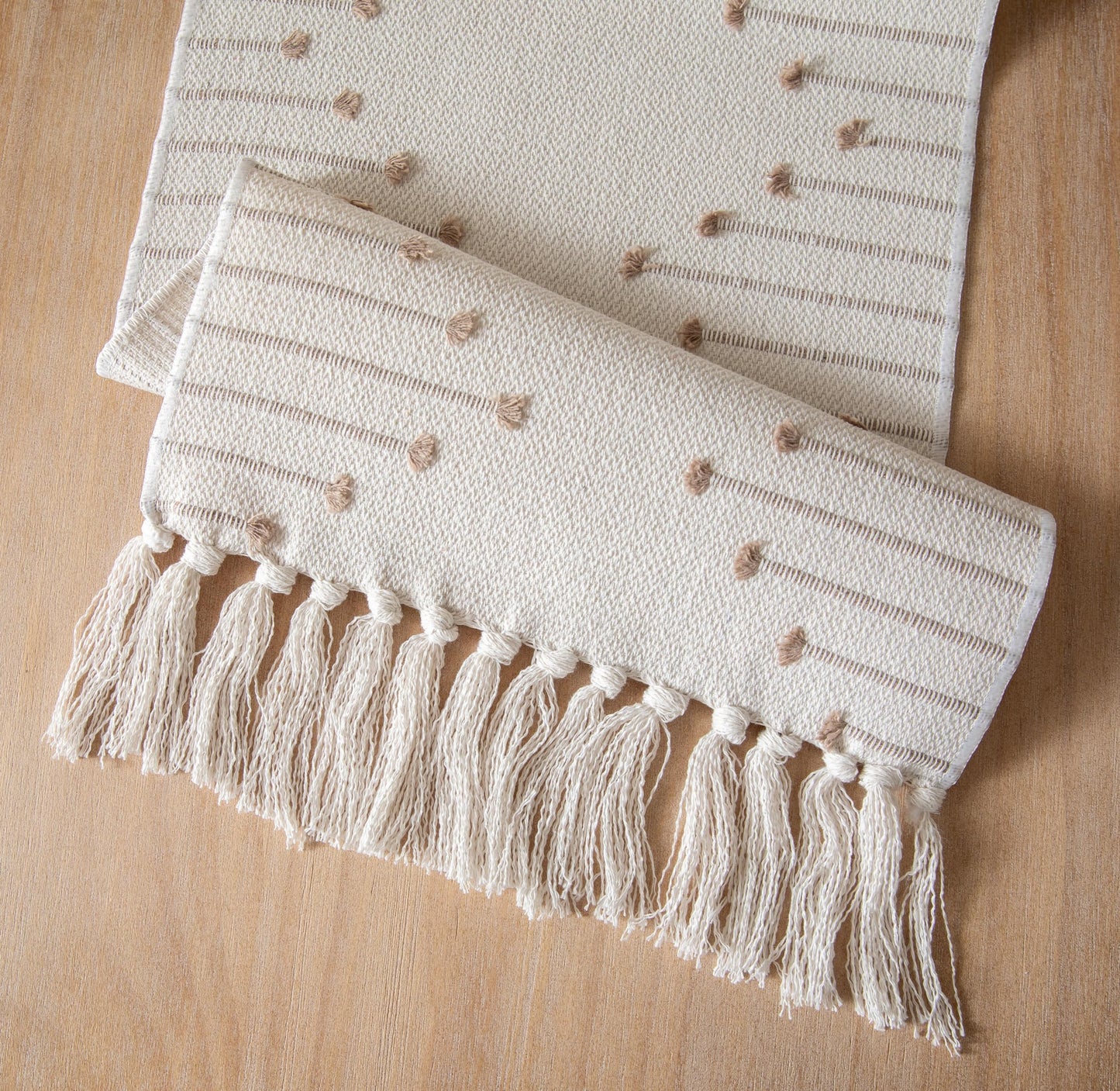 Boho Table Runner 13 x 90 Inch Long Natural Cotton Woven Runner with Tassels for Home Dining Table décor, for Modern Farmhouse Decor Coffee Table Runner, Taupe and Beige