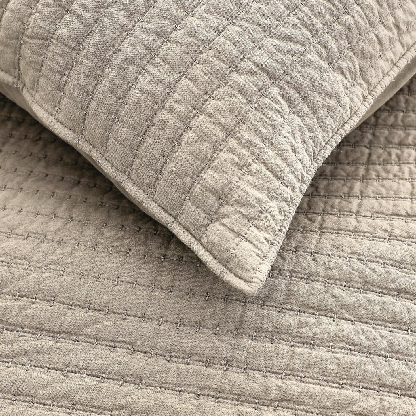 WDCOZY 100% Cotton Queen Size Quilt Set - Beige Neutral Striped Pick Stitch Soft Lightweight Bedspread, Textured Like Linen, Farmhouse Country Rustic Coverlet, Shabby Chic Gauze Bedding, 3 Pieces